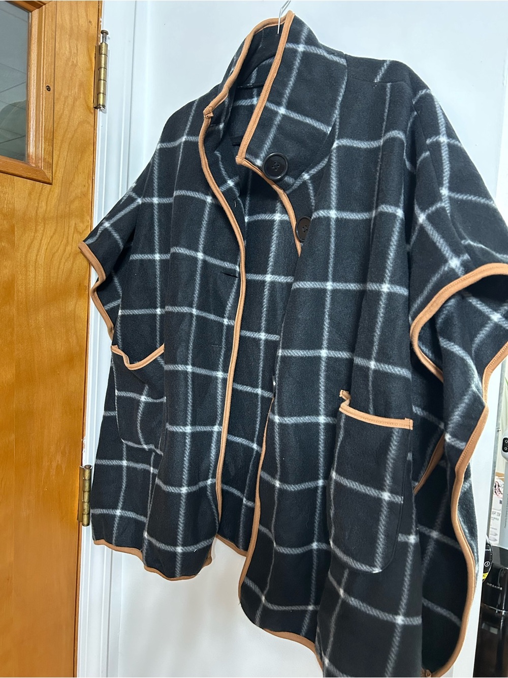 Women’s Shawl Moda Black Windowpane Cape with Tan Trim